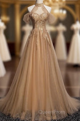 Charming Champagne Tulle Halter Long Party Gown, Evening Prom Dresses