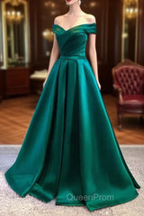 Charming Dark Green Satin Long Junior Evening Prom Dresses, Off Shoulder Evening Gown