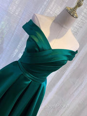 Charming Dark Green Satin Long Junior Evening Prom Dresses, Off Shoulder Evening Gown