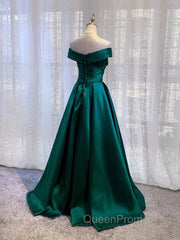 Charming Dark Green Satin Long Junior Evening Prom Dresses, Off Shoulder Evening Gown