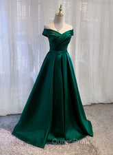 Charming Dark Green Satin Long Junior Evening Prom Dresses, Off Shoulder Evening Gown
