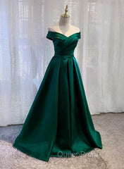 Charming Dark Green Satin Long Junior Evening Prom Dresses, Off Shoulder Evening Gown