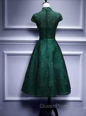 Charming Dark Green Tea Length High Neckline Party Dresses, Wedding Party Dresses