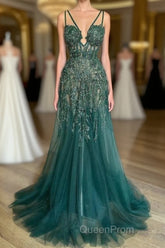 Charming Dark Green Tulle Long Evening Dresses Sweetheart Sleeveless Formal Evening Prom Dresses