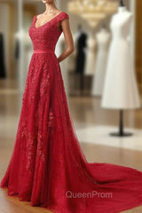 Charming Dark Red Lace A-line Long Evening Prom Dresses, Red Evening Gown