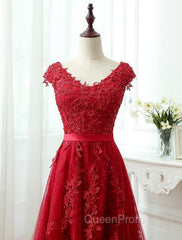 Charming Dark Red Lace A-line Long Evening Prom Dresses, Red Evening Gown