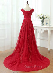 Charming Dark Red Lace A-line Long Evening Prom Dresses, Red Evening Gown