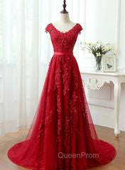 Charming Dark Red Lace A-line Long Evening Prom Dresses, Red Evening Gown