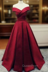 Charming Dark Red Satin A-line Off Shoulder Gown, Evening Prom Dresses