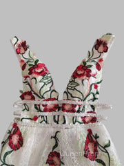 Charming Floral Embroidery Long Evening Prom Dresses V Neck A Line Party Dresses