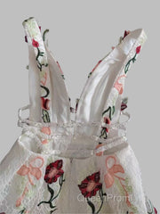 Charming Floral Embroidery Long Evening Prom Dresses V Neck A Line Party Dresses