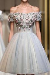 Charming Floral Short Tulle Evening Prom Dresses, Knee Length Party Dresses, Formal Dresses