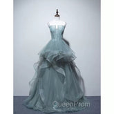 Charming Green Tulle Straps Layers Long Evening Dresses, Tulle Party Dresses Evening Prom Dresses