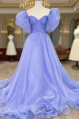 Charming Lavender Puffy Sleeves Long Evening Dresses, A-line Evening Dresses