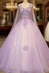 Charming Lavender Tulle Flowers Long Evening Prom Dresses, Sweet 16 Gowns