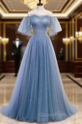 Charming Light Blue Tulle Puffy Sleeves Floor Length Party Dresses A-Line Pricess Gowns Evening Prom Dresses Sparkly