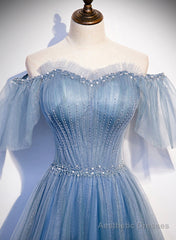 Charming Light Blue Tulle Puffy Sleeves Floor Length Party Dress, Blue A-line Pricess Gowns Prom Dress