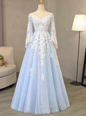 Charming Light Blue Tulle V-neckline Long Party Dresses, Evening Prom Dresses