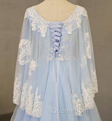 Charming Light Blue Tulle V-neckline Long Party Dresses, Evening Prom Dresses