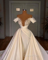 Charming Long A-line Off-the-shoulder Cathedral V-neck Satin Lace Wedding Dresses