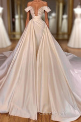 Charming Long A-line Off-the-shoulder Cathedral V-neck Satin Lace Wedding Dresses
