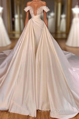 Charming Long A-line Off-the-shoulder Cathedral V-neck Satin Lace Wedding Dresses