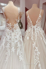 Charming Long A-Line V-neck Appliques Lace Tulle Wedding Dresses