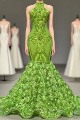 Charming Long Mermaid Halter Satin Lace Backless Evening Prom Dresses