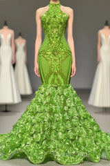 Charming Long Mermaid Halter Satin Lace Backless Evening Prom Dresses