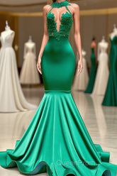 Charming Long Mermaid Halter Stretch Satin Lace Backless Evening Prom Dresses