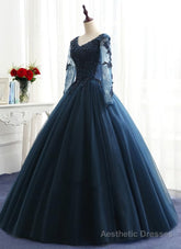 Charming Long Sleeves Navy Blue Tulle Party Gown, Navy Blue Prom Dress