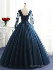 Charming Long Sleeves Navy Blue Tulle Party Gown, Navy Blue Prom Dress