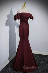 Charming Maroon Satin Mermaid Off Shoulder Evening Prom Dresses, Maroon Party Dresses
