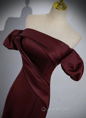 Charming Maroon Satin Mermaid Off Shoulder Evening Prom Dresses, Maroon Party Dresses