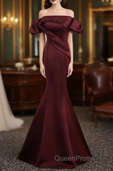 Charming Maroon Satin Mermaid Off Shoulder Evening Prom Dresses, Maroon Party Dresses
