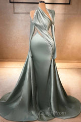 Charming Mermaid Irregular Collar Satin Rhinestone Halter Ruffled Long Evening Prom Dresses Formal Evening Gown