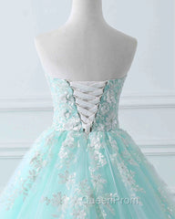 Charming Mint Green Tulle Ball Gown Sweet 16 Dresses, Lace Applique Evening Prom Dresses