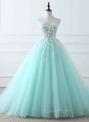Charming Mint Green Tulle Ball Gown Sweet 16 Dresses, Lace Applique Evening Prom Dresses