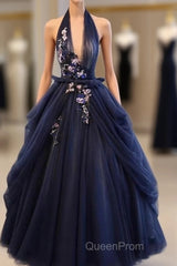 Charming Navy Blue Halter Tulle Party Dresses With Flower Applique, Blue Gown