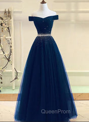 Charming Navy Blue Off Shoulder Floor Length Beaded Party Dresses, Party Dresses