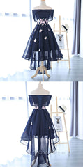 Charming Navy Blue Tulle Party Dresses with Flowers, Cute Evening Prom Dresses