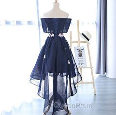 Charming Navy Blue Tulle Party Dresses with Flowers, Cute Evening Prom Dresses