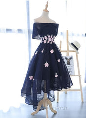 Charming Navy Blue Tulle Party Dresses with Flowers, Cute Evening Prom Dresses