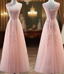 Charming Pearl Pink Tulle Simple Party Dresses with Lace, V-neckline Long Evening Dresses