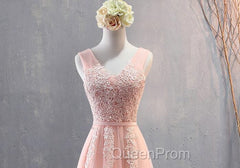 Charming Pearl Pink Tulle Simple Party Dresses with Lace, V-neckline Long Evening Dresses