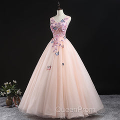 Charming Pink Flowers Ball Gown Long Sweet 16 Dresses, Pink Evening Prom Dresses