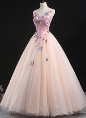 Charming Pink Flowers Ball Gown Long Sweet 16 Dresses, Pink Evening Prom Dresses