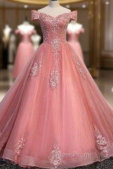 Charming Pink Off Shoulder Lace Applique Sweetheart Party Dresses, Pink Evening Prom Dresses
