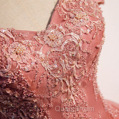 Charming Pink Off Shoulder Lace Applique Sweetheart Party Dresses, Pink Evening Prom Dresses