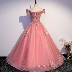 Charming Pink Off Shoulder Lace Applique Sweetheart Party Dresses, Pink Evening Prom Dresses